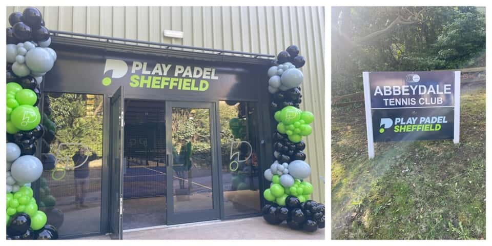 A collage of the Play padel Sheffield exterior signage above the entryway and in a post and panel sign on the lawn.